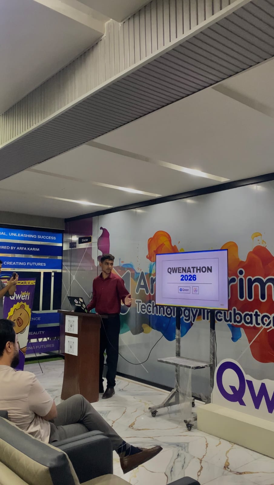 A previous Peshawar developer event with a speaker and attendees